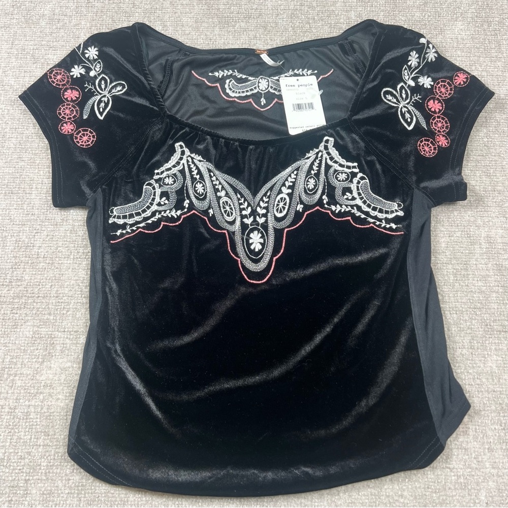 Free People Black Velvet Short Sleeve Top with White & Pink Embroidery